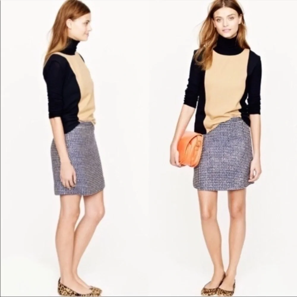 NWOT J. Crew Tweed Silk Blend Dark Purple Gold Postage Stamp Mini Skirt